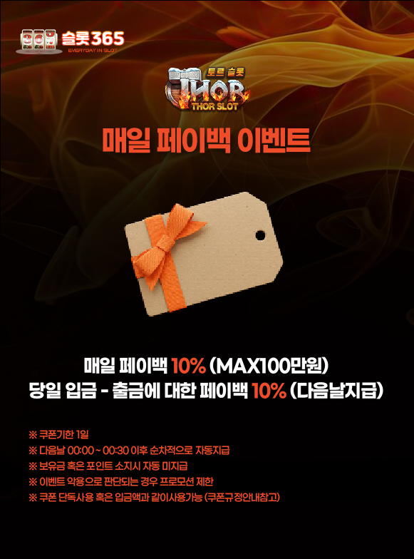토르슬롯 매일 페이백 이벤트 배너 – 입금·출금 차액 기준 10% 페이백
