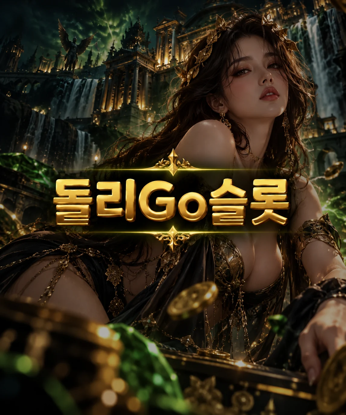 금색 돌리Go슬롯 로고와 판타지 신전 배경의 여성 캐릭터가 배치된 돌리고슬롯 대표이미지