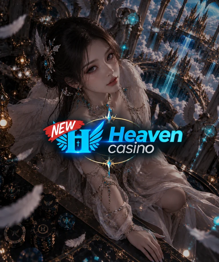 뉴헤븐카지노(New Heaven Casino) 로고와 천사 콘셉트의 여성 캐릭터를 담은 슬롯88 카지노 대표 이미지